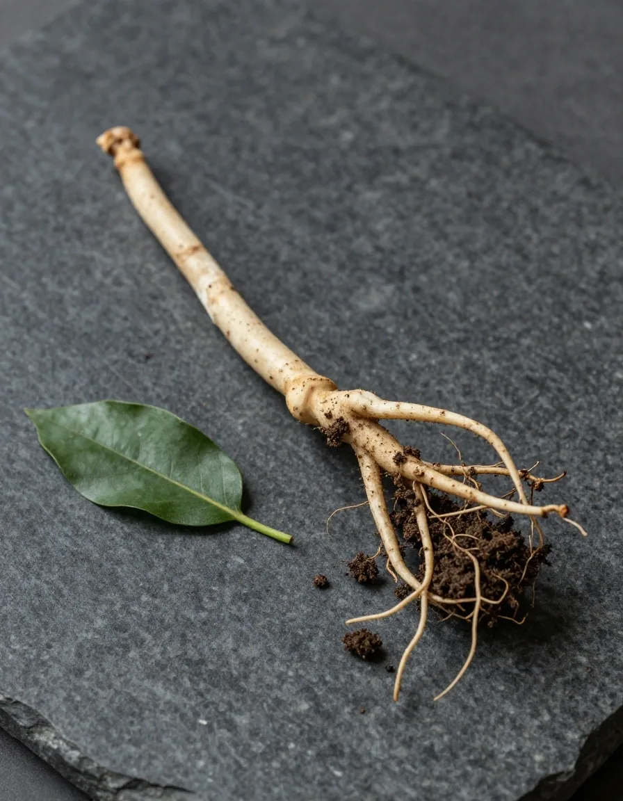 Ashwagandha root and leaves on dark stone