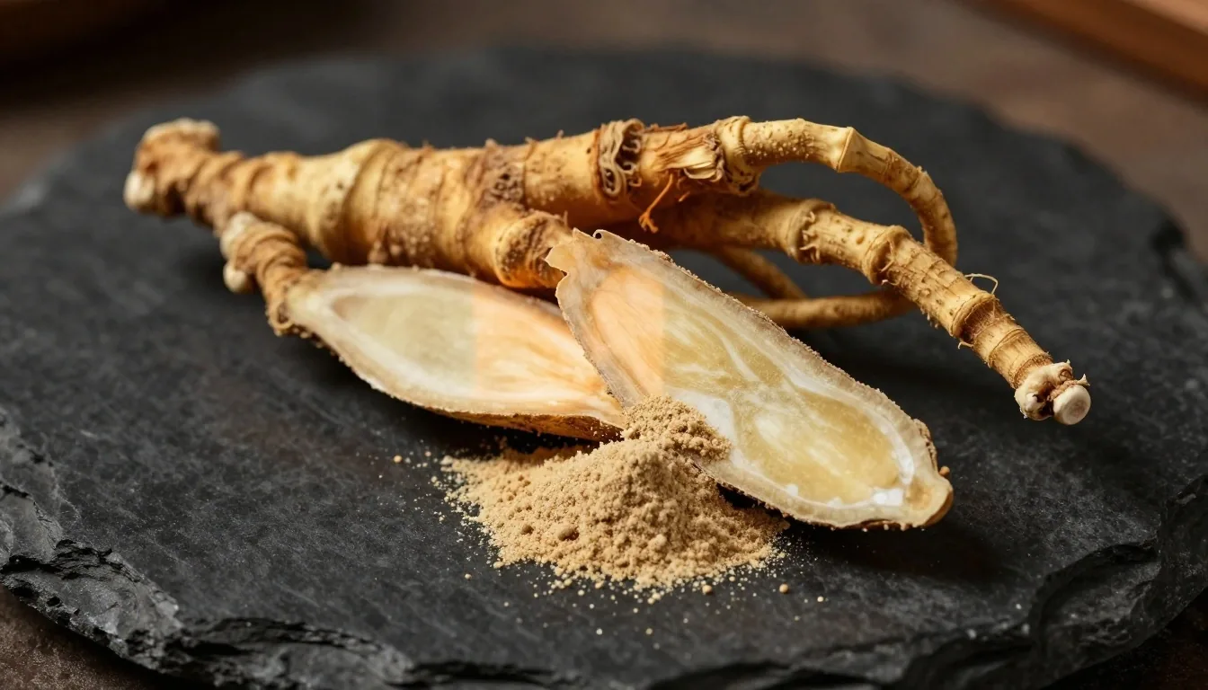 Raw botanical roots on dark stone