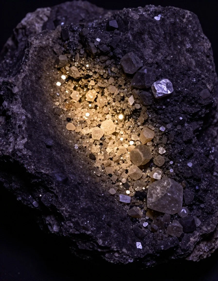 Coarse mineral salt crystals on a dark stone surface under warm raking light
