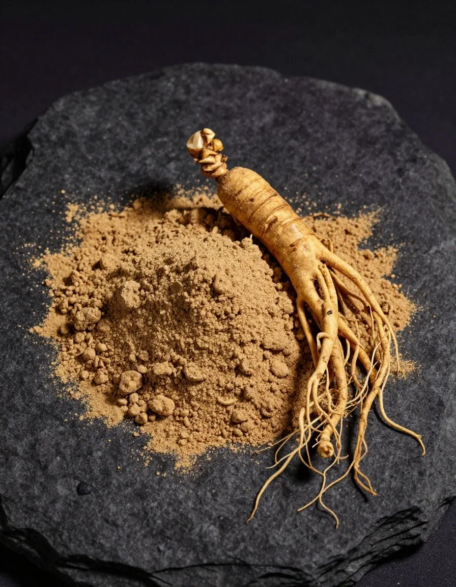 Ginseng root and dried maca powder arranged on a dark stone surface under warm raking light