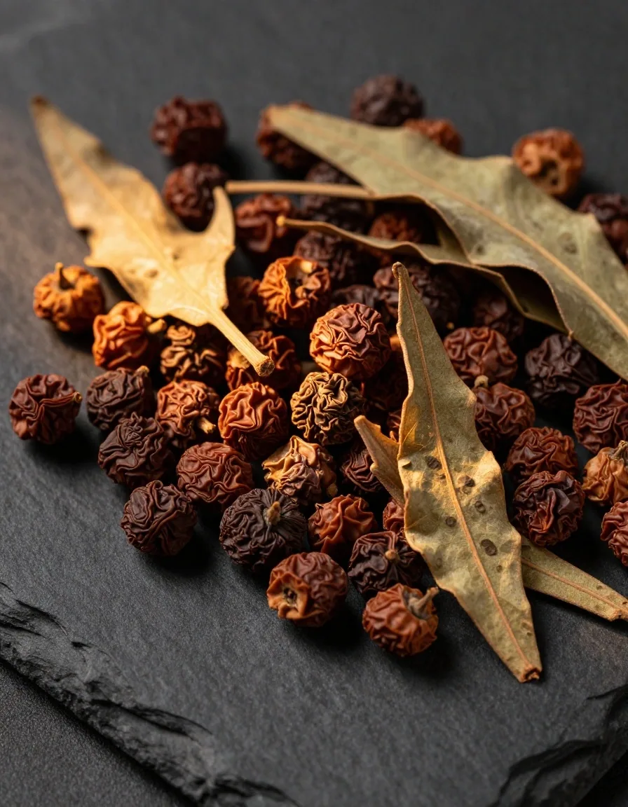 Dried botanical leaves on a dark stone surface