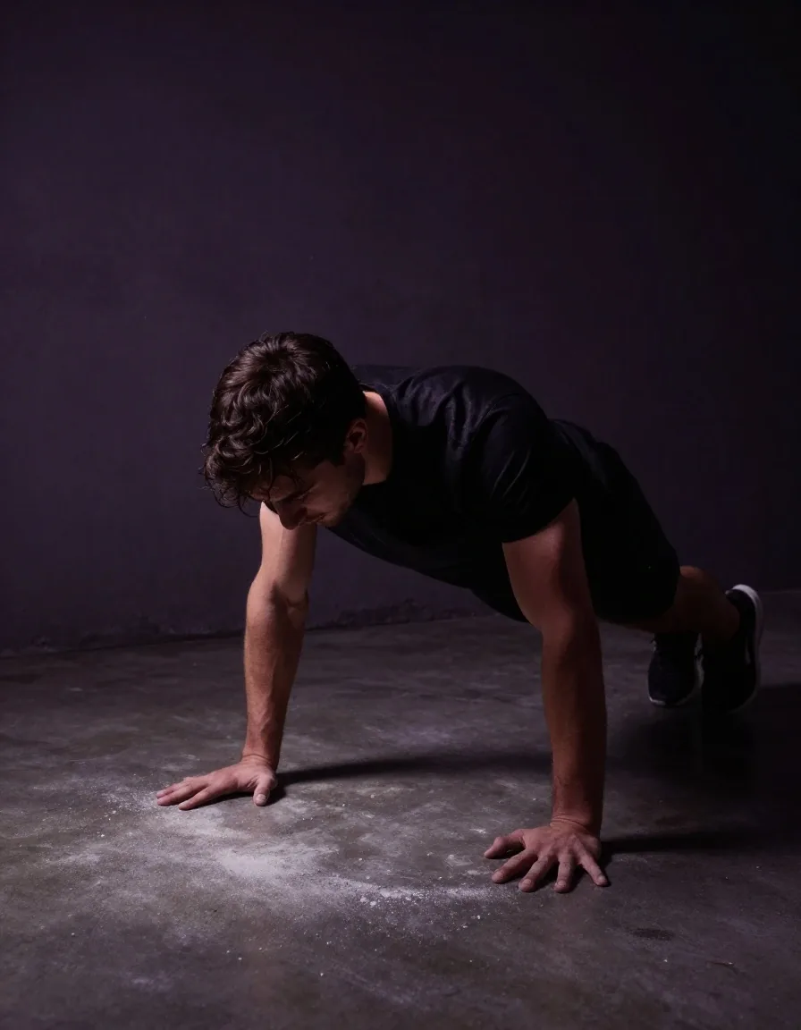 Man doing bodyweight push-up in dim light