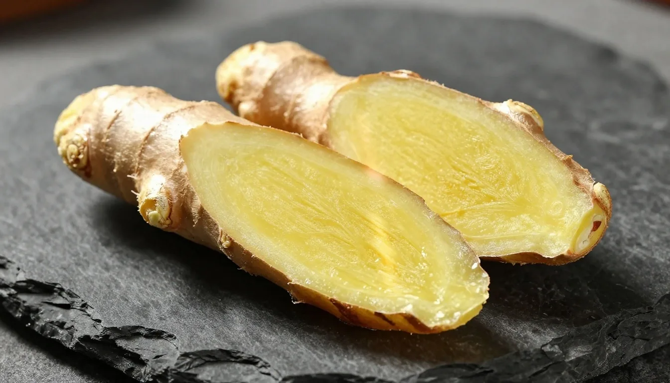 Raw turmeric and ginger root on dark stone
